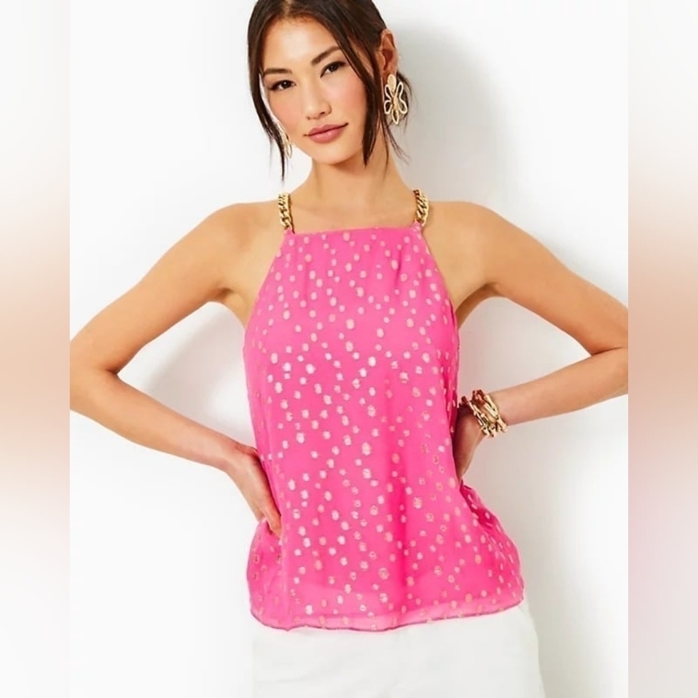 Lilly Pulitzer Aura Pink Gold Dots Chain Strap Joannah Top Blouse
